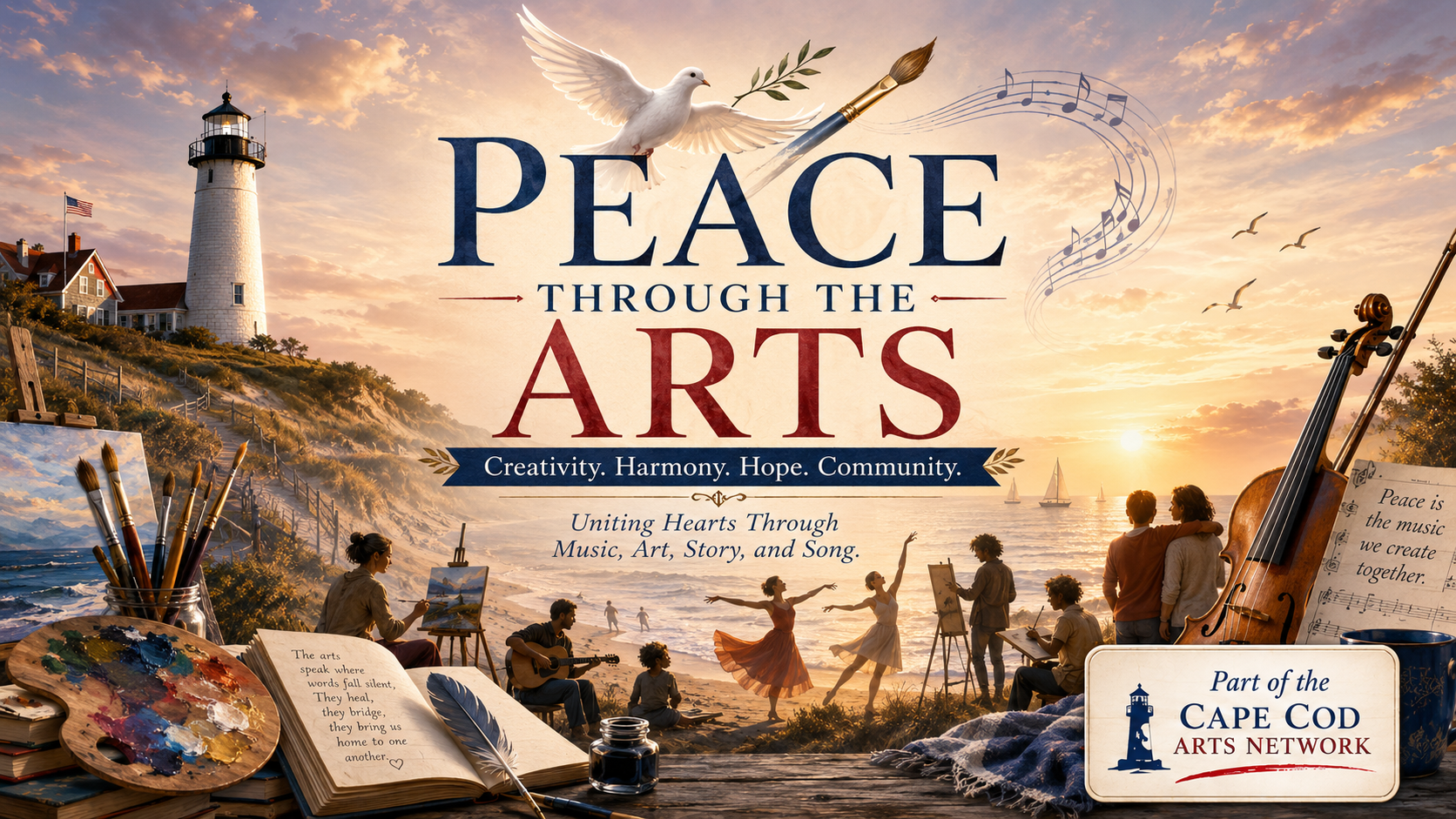 Peace Through the Arts landing graphic with Cape Cod lighthouse, dove, music, painting, dance, writing, and Part of the Cape Cod Arts Network badge